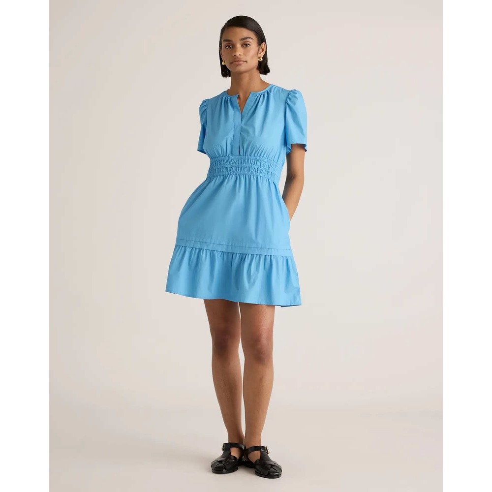 Quince Organic Cotton Poplin Tiered Mini Dress Cornflower Blue XS NWT